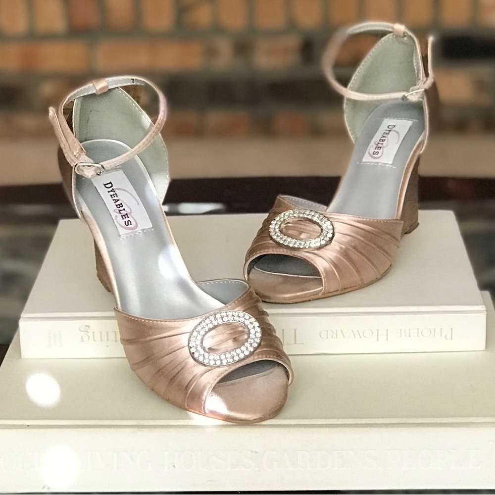 Dyables ETTA Satin Wedge with Ankle Strap & Oval Jeweled Broach on Pleated Vamp.